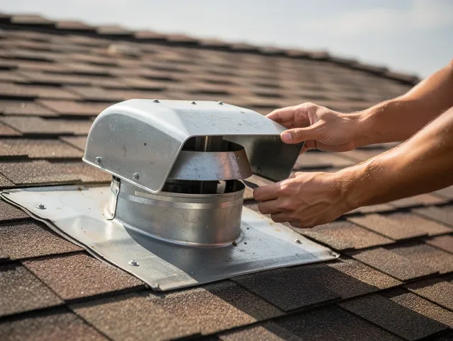 Cimarron Hills Dryer Vent Cleaning certified technician safely cleaning a roof-mounted dryer vent in Cimarron Hills
